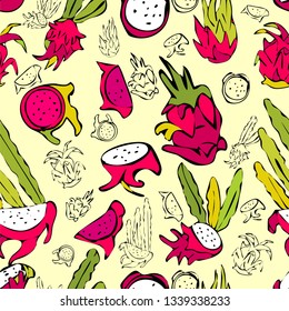 Dragon fruit pattern. All elements are isolated. Sketchy style illustration for menu, postcard, flyer, cafe.