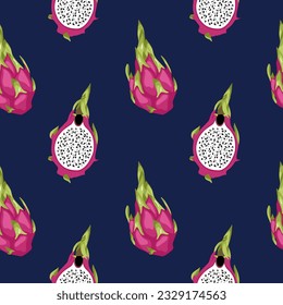 Dragon fruit pattern on dark blue background. Pitahaya in flat style. Exotic fruits seamless pattern