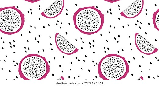 Dragon fruit pattern on white background. Pitahaya slice in flat style. Exotic fruits seamless pattern