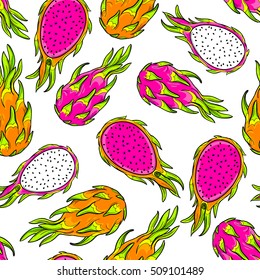 dragon 
fruit pattern. Pitaya, pitahaya fruit, vector seamless pattern