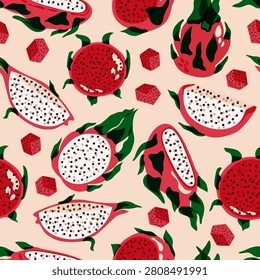 Dragon fruit pattern. Seamless print of exotic pitaya fruit, organic tropical food background for packaging design, asian sweet cactus product. Vector texture,