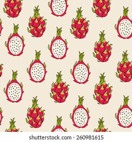 Dragon fruit pattern, vector Illustration. Exotic fruit. Hand-drawn style.