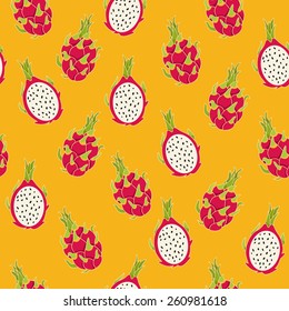 Dragon fruit pattern, vector Illustration. Exotic fruit. Hand-drawn style.