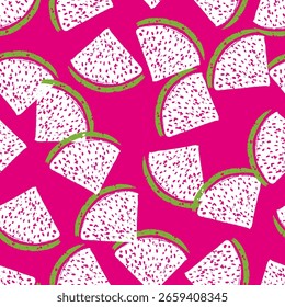 Dragon Fruit Pieces Vector Seamless Pattern