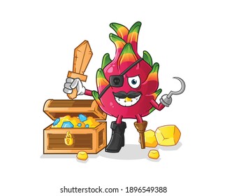 dragon fruit pirate with treasure mascot. cartoon vector
