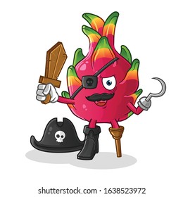 Dragon fruit pirate with wooden swords and hooks. cartoon mascot vector
