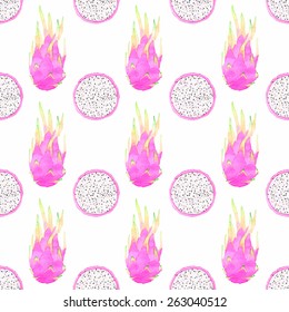 Dragon fruit or pitahaya. Seamless watercolor pattern with pitaya on the white background, aquarelle. Vector illustration. Hand-drawn original fruit background. Real watercolor painting.