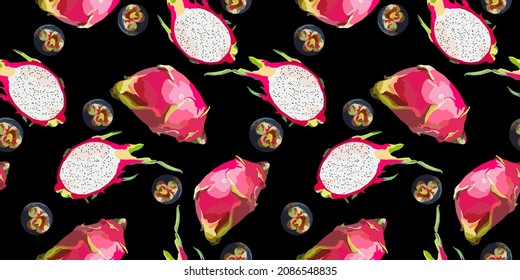 Dragon fruit and pitahaya vector seamless pattern