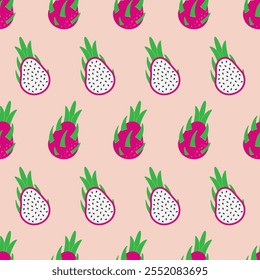 Dragon fruit Pitahaya vector seamless pattern. Healthy summer tropical food, vegans. Cactus exotic fruits with leaves background for restaurant, menu, cafe, wallpaper, fabric, wrapping