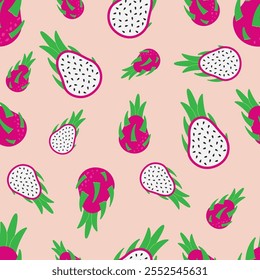 Dragon fruit Pitahaya vector seamless pattern. Whole and half cutting slice of tropical food, vegans. Cactus exotic fruits background for restaurant, menu, cafe, wallpaper, fabric, wrapping