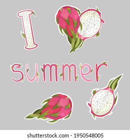 Drachenfrucht (Pitahaya), Vektoraufkleber-Set. Pitahaya geschnitten und gefaltet in Form eines Herzens (ersetzt das Wort Liebe). Stilvolle Briefaufkleber I und Summer. Helle Farben.