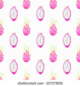 Dragon fruit or pitahaya.Seamless watercolor pattern with pitaya on the white background, aquarelle.Vector illustration.Hand-drawn original fruit background.Useful for invitations,scrapbooking,design.