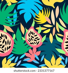 Drachenfrucht-Pitaya, Blätter, Pflanzen, Frucht tropische nahtlose Vektormuster wiederholen. Geeignet für Textilien, Gewebe, Fliesen, Dekoration, Umhüllung und vieles mehr. Tropische Früchte und Pflanzen bunter Muster.