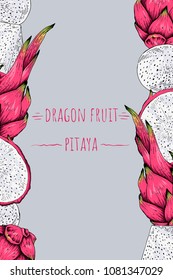 Dragon fruit pitaya post card, vector