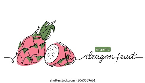 Dragon fruit, pitaya simple color vector illustration. One continuous line art drawing with lettering organic Dragon fruit, pitahaya.