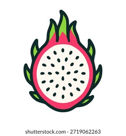 Dragon fruit (pitaya) vector icon, pink skin with green scales, cross-section view showing white flesh with seeds.