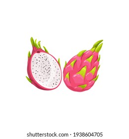 Dragon Fruit Pitaya Whole And Cut Isolated Realistic Tropical Food Dessert. Vector Ripe Pitahaya, Juicy Tropical Fruit, Vegetarian Food, Grocery Product. Pithaya, Exotic Tropical Dragonfruit