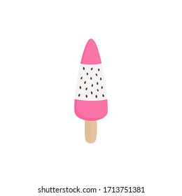 Dragon fruit popsicle vector illustration. Ice lolly with pitaya fruit flavor on stick. Summer sweet frozen dessert. Isolated.