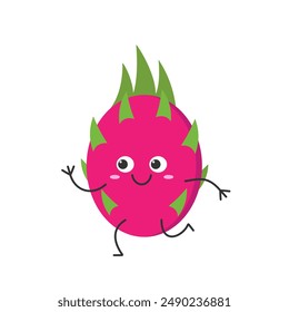 Dragon fruit running cute character cartoon pitahaya juicy sweet smiling face kawaii happy emotions icon vector illustration.