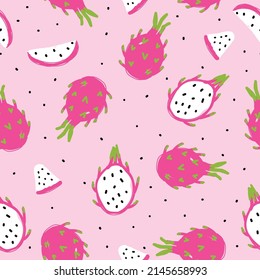 dragon fruit seamless cute pattern. For backdrop, wrapping paper, fabric, wallpaper. fashion prints. Printing with in hand drawn style Pastel background.