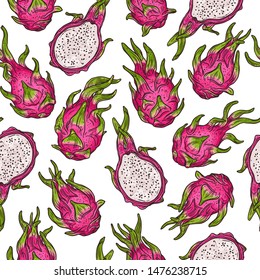 Dragon fruit seamless doodle pattern in color. Vector sketch hand drawn background. Freehand style bright backdrop with exotic tropical pink pitaya fruits