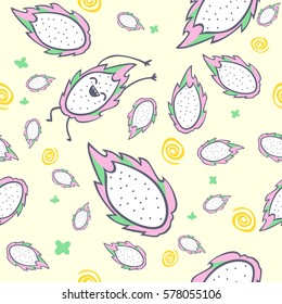 Dragon fruit seamless pattern, cartoon character, cute kawaii pitaya, vector illustration