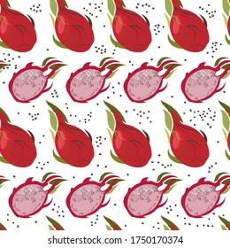 Patrón sin fisuras de frutos de dragón. Fruta exótica fresca para una dieta saludable. Pitaya. Jugosa fruta tropical cruda con semillas negras.