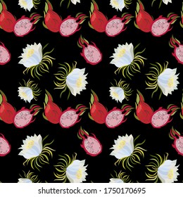 Dragon fruit seamless pattern. Fresh exotic fruit for healthy dieting. Pitaya. Juicy raw tropical fruit with black seeds.
