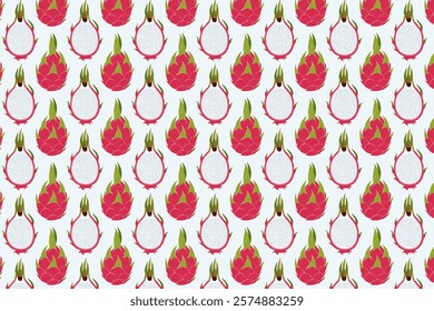 Dragon fruit seamless pattern on white background. Ripe pitahaya.