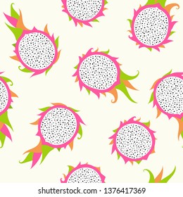 Dragon fruit seamless pattern. Vector exotic pitaya fruits background.