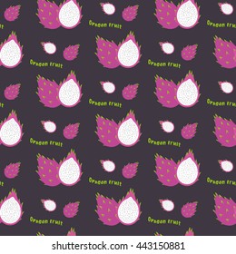 Dragon fruit seamless repeating pattern, hand drawn style. Exotic tropical fruit. For printing on fabric or paper. Vector illustration.