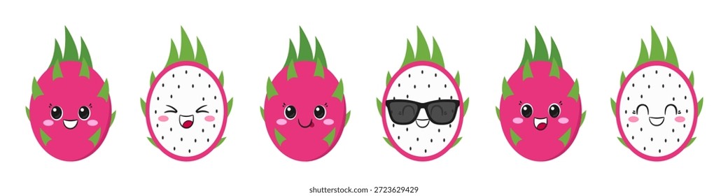 Dragon fruit set, fun and cute cartoon character, tropical fruit pitaya, emotions joy delight, big eyes, happy smiling face, kawaii style, icon vector illustration.