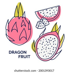 Dragon fruit set. Vector hand drawn illustration of exotic fruits. Isolated pitaya. Delicious tropical vegetarian objects. Collection with color abstract spot background. Use for restaurant, menu, smo
