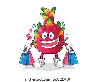 Dragon fruit shopping and holding shopping bags cartoon. cartoon mascot vector