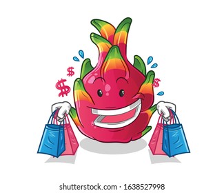 Dragon fruit shopping and holding shopping bags cartoon. cute chibi cartoon mascot vector