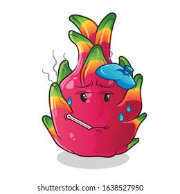 Dragon fruit sick and fever with thermometer and compress cartoon. cute chibi cartoon mascot vector