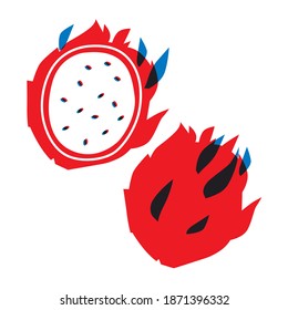 Dragon fruit and slice dragon fruit abstract vector illustration. Cartoon flat fruits for your design. Red blue print dragon fruit.
