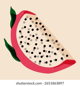 Fatia de fruta de dragão. Fruta pitaya exótica, pitaias maduras rosa fresco tropical com folhas e espinhos verdes, estilo de risografia alimentar orgânico saudável. Ilustração de desenho animado vetorial.