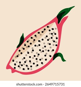 Dragon fruit slice. Exotic tropical pitaya fruit, fresh pink ripe pitahaya with green leaves and thorns, healthy organic food risograph style. Vector cartoon illustration.