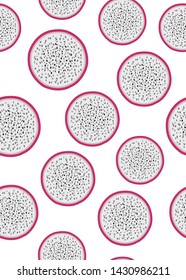 Dragon fruit slice seamless pattern on a white background. Tropical exotic cactus fruits vector illustration.