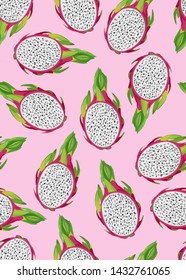 Dragon fruit and slice seamless pattern on vintage pink background. Tropical exotic cactus fruits vector illustration.