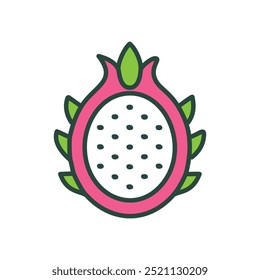Dragon fruit slice. A simple, colorful icon of a sliced dragon fruit, perfect for representing tropical flavors, exotic fruits, and healthy eating.
