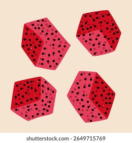 Dragon fruit slices. Exotic pink pitaya fruit, fresh tropical ripe pitahaya with seeds, healthy organic food risograph style. Vector cartoon illustration.