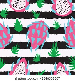 dragon fruit slices with green leaves and deformed stripes seamless pattern. Pitaya fruit with leaves placed on black abstract stripes seamless pattern. It is good for fabric, textile, decoration.