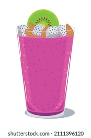 Dragon fruit smoothie decorated with almond nuts and kiwi in a glass. Exotic yummy milkshake, summer healthy refreshment, cold tropical drink. Vector illustration, icon, simbol, object isolated