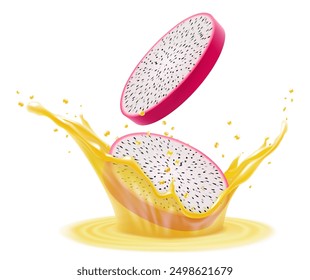 Fruta de dragón en un chorro de jugo fresco. Salpicaduras y gotas de jugo de pitahaya 3d, bebida de frutas exóticas tropicales, diseño de etiquetas de anuncios. Sabrosa salpicadura de batido de pitaya, cóctel de vitaminas, Ilustración vectorial realista