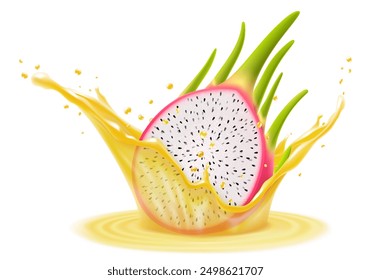 Dragon fruit in splash of fresh juice. Pitahaya juice 3d splash and drops, Tropical exotic fruit drink, ad label design. Tasty pitaya smoothie splash, vitamin cocktail, realistic vector illustration