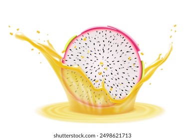 Dragon fruit in splash of fresh Pitahaya juice. 3d splash and drops, Tropical exotic fruit drink, ad label design. Tasty pitaya smoothie splash, vitamin cocktail, realistic vector illustration
