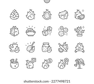 Dragon fruit. Summer tropical fruit. Cut half and whole pitaya. Food shop, supermarket. Pixel Perfect Vector Thin Line Icons. Simple Minimal Pictogram
