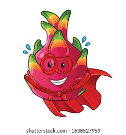 Dragon fruit super hero smiling cartoon with mask and robe. cartoon mascot vector